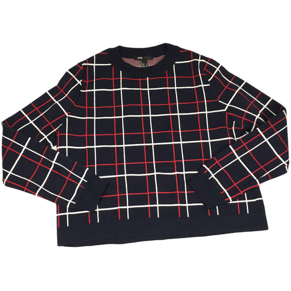 Mango Sweaters - MNG Casual Sweater Windowpane Plaid Crewneck Navy Red White Women's XS Mango Top